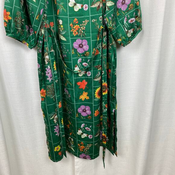 LOFT Green Floral Bird Butterfly Garden Puff Sleeve Shift Midi Dress Sz.M NWT - Picture 13 of 16
